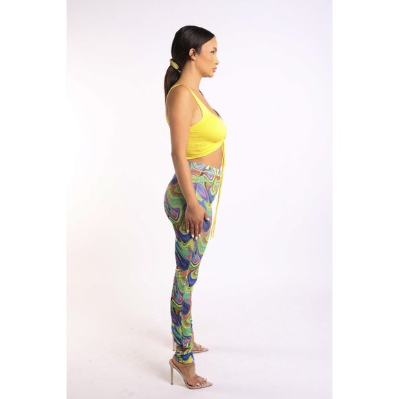 Women's Sexy Ruched Front Top & Matching Printed Fishnet Leggings 2 Pieces Set - Picture 4 of 6